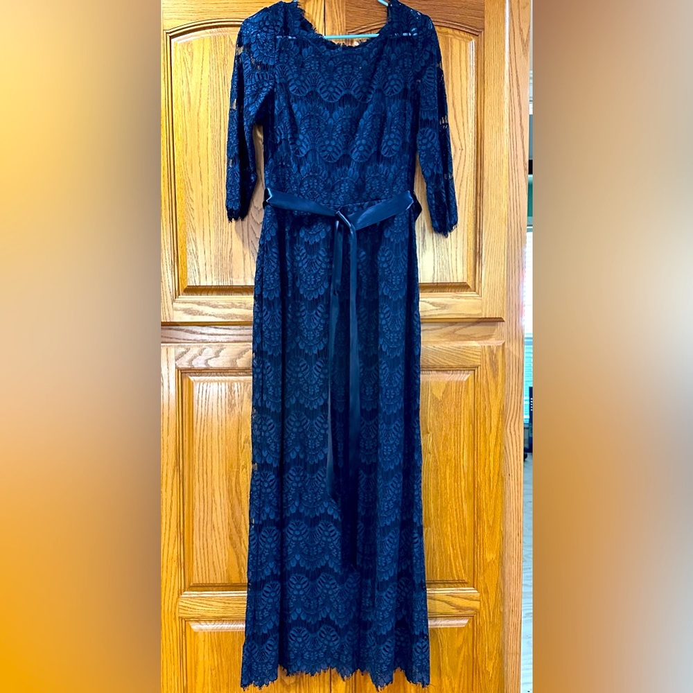 Navy blue lace dress, floor length, size 8